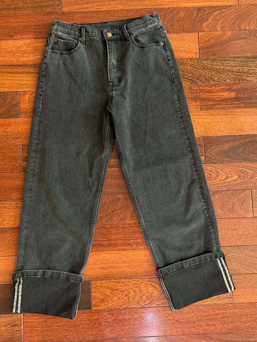 Miou Muse Jeans Womens L Washed Black Wide Leg Cuffed High Rise Stretch Denim